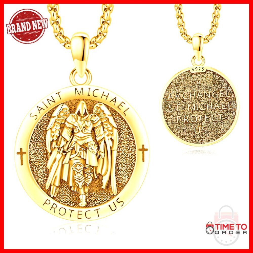 925 Sterling Silver St Michael Pendant Necklace 18K Gold Plated 22in Chain